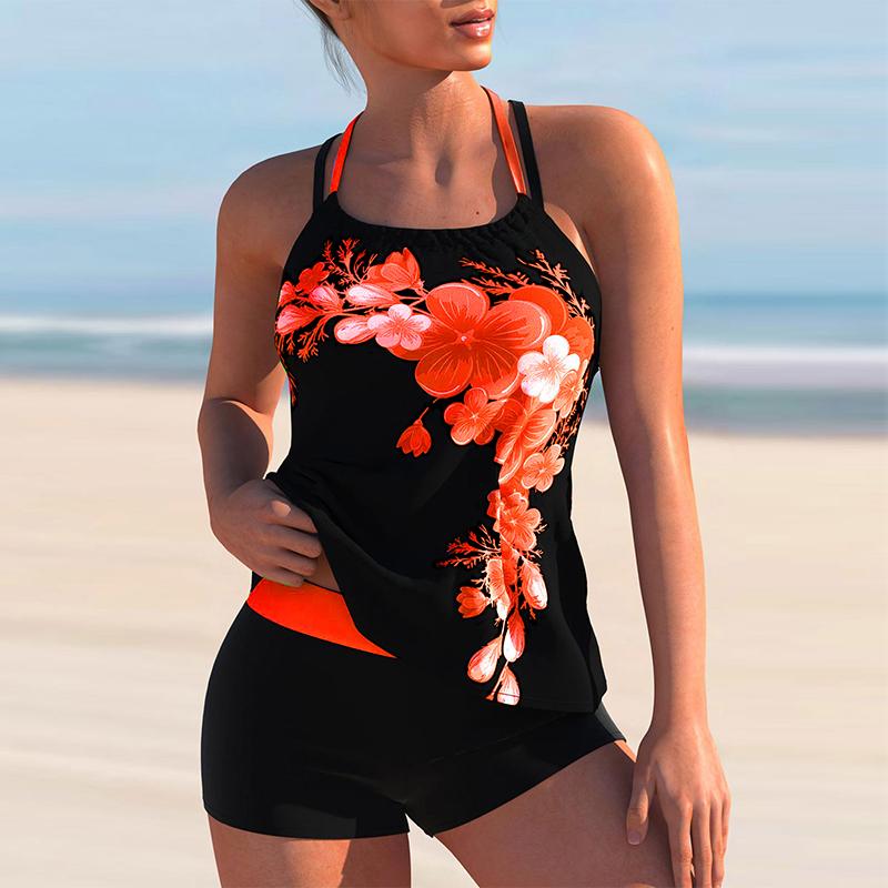 Avery | Floral Print Cross Strap Halter Tankini Set