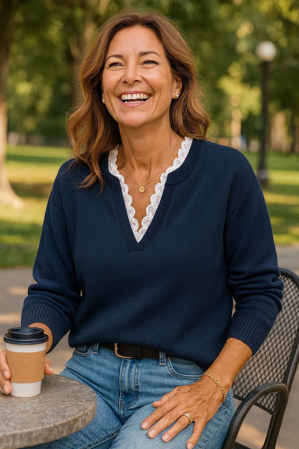 Evadine | V-Neck Lace Trim Knit – Timeless Elegance, Everyday Comfort