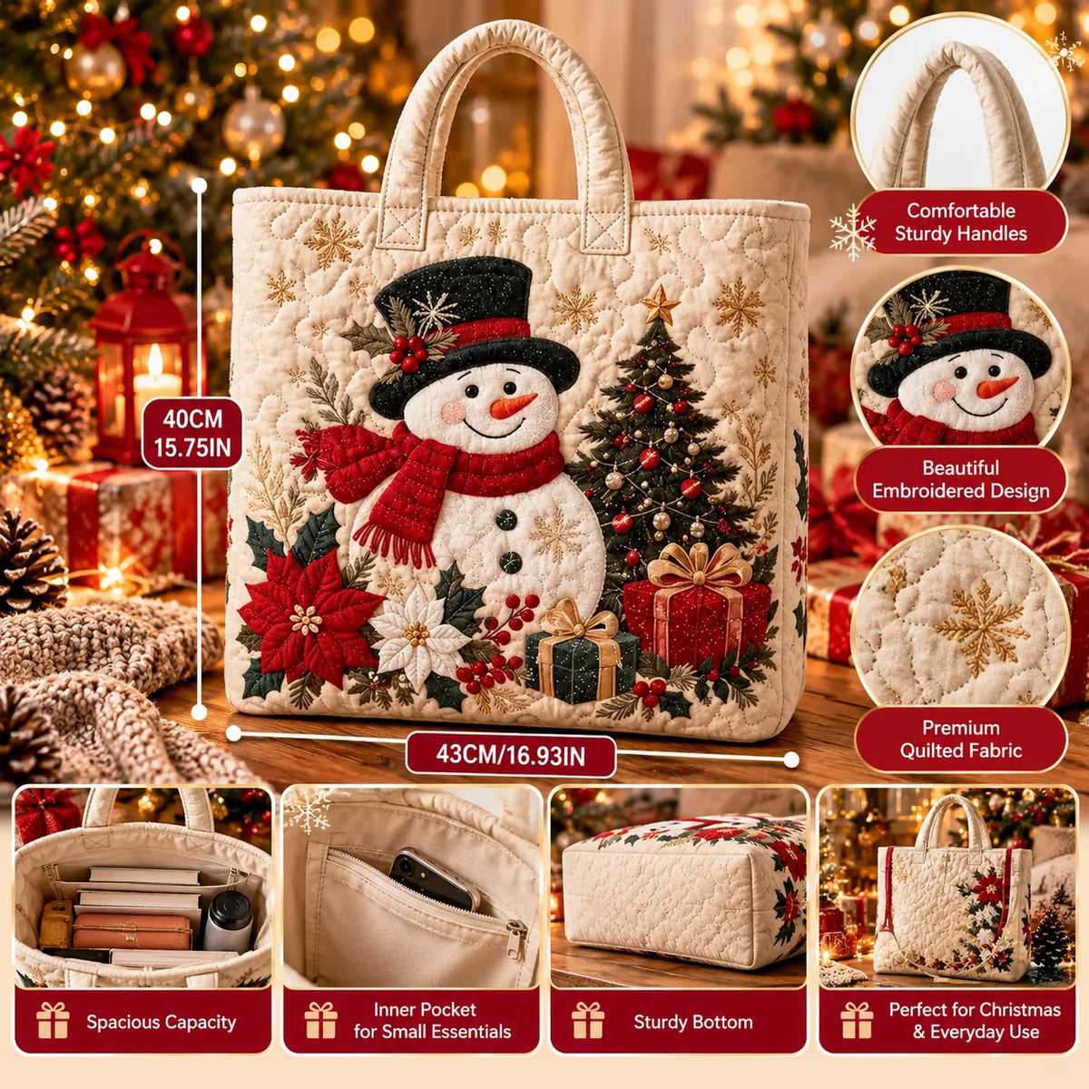 Snowman Wishes™ – Christmas Quilted Tote Bag