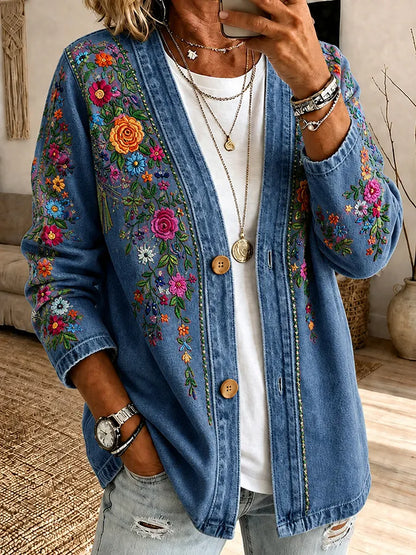 Women's Pink Embroidered Floral Print Casual Cardigan