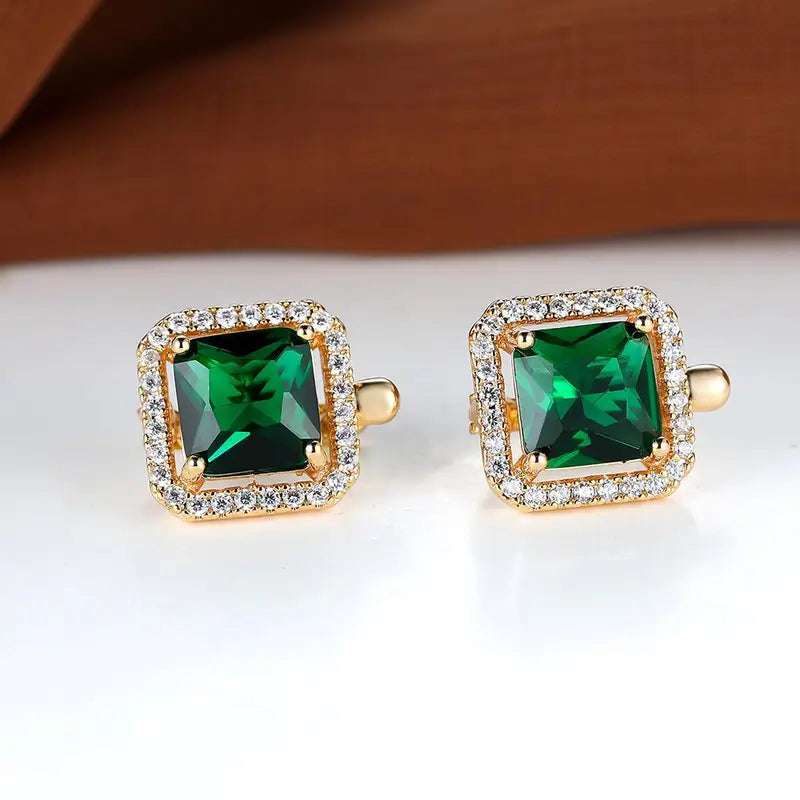 Gold Square Green Earrings