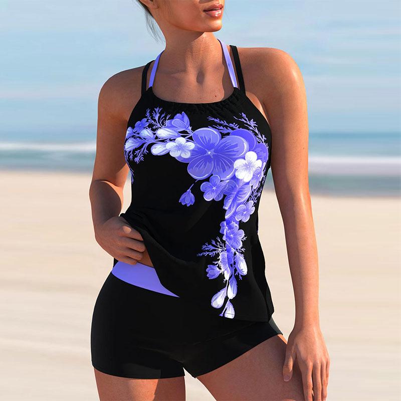 Avery | Floral Print Cross Strap Halter Tankini Set