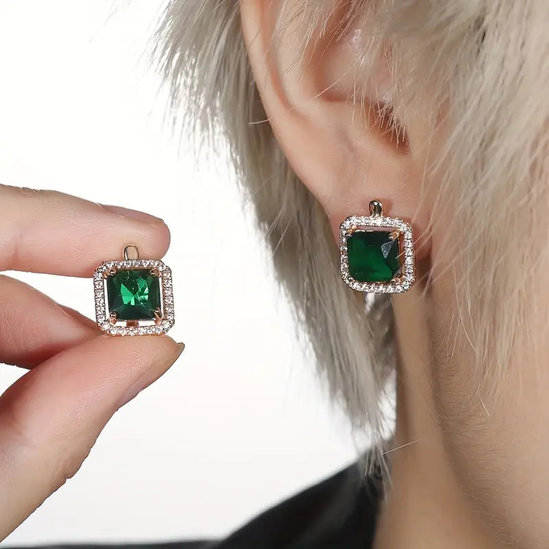 Gold Square Green Earrings