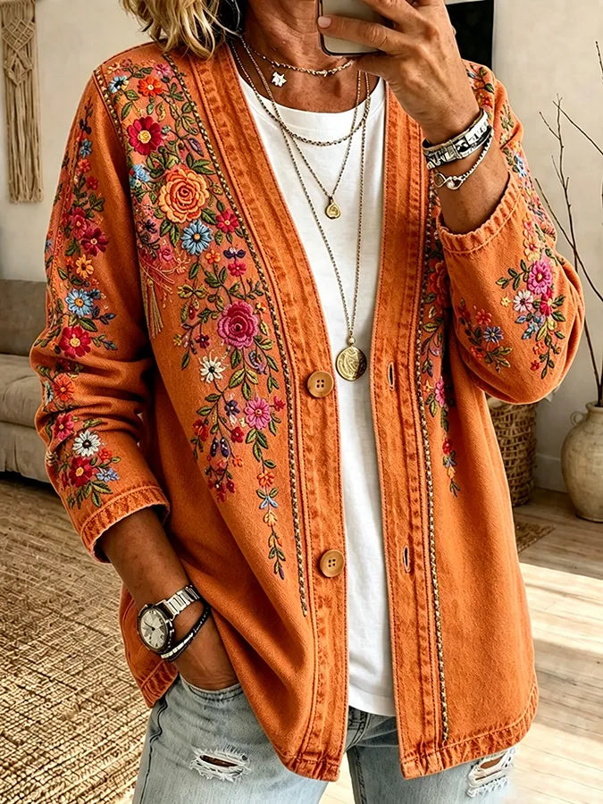Women's Pink Embroidered Floral Print Casual Cardigan