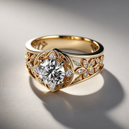 Exotic Hollow Floral Crystal Gold Ring
