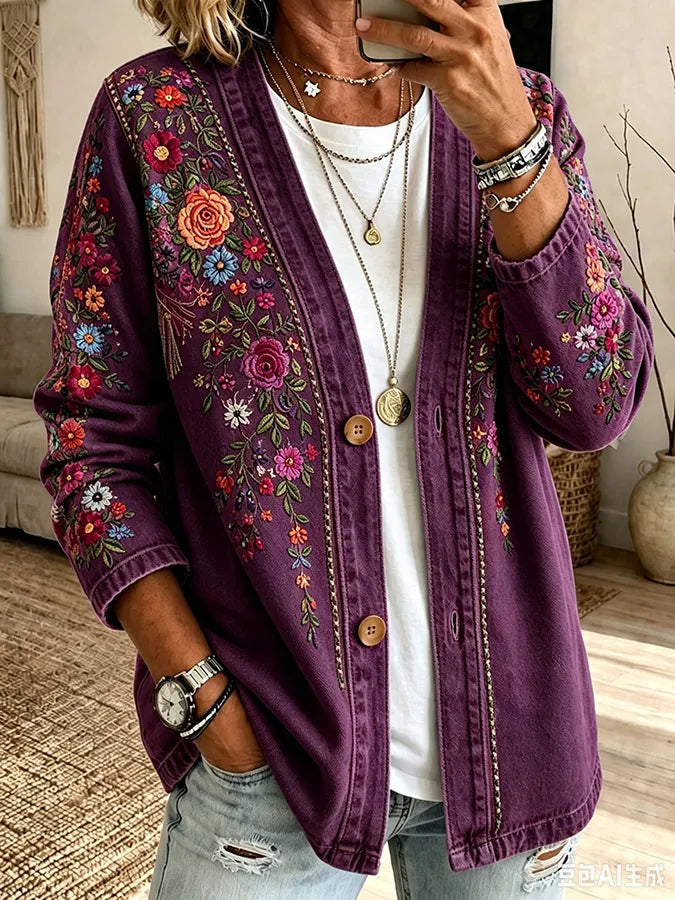 Women's Pink Embroidered Floral Print Casual Cardigan