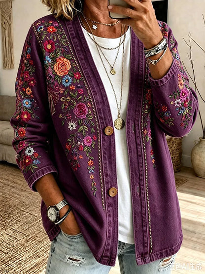 Women's Pink Embroidered Floral Print Casual Cardigan