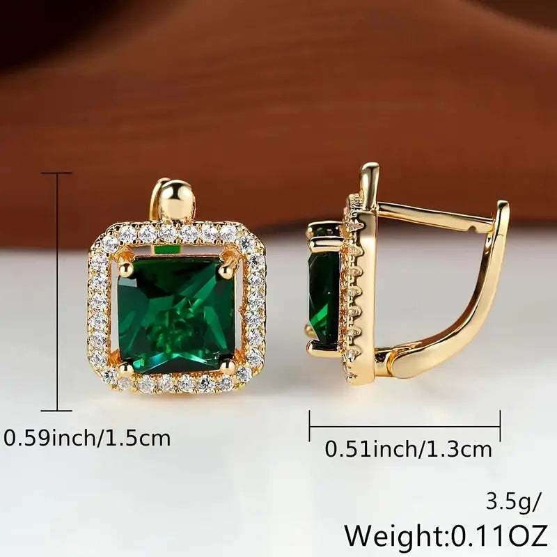 Gold Square Green Earrings