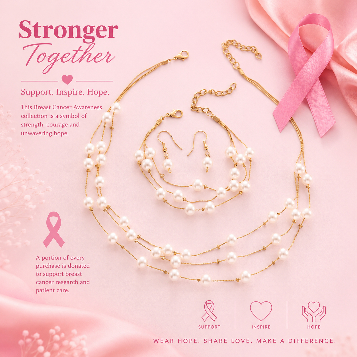 Breast Cancer Awareness | Romantic 3-Piece Pearl Jewelry Set | 1+1 Free Today