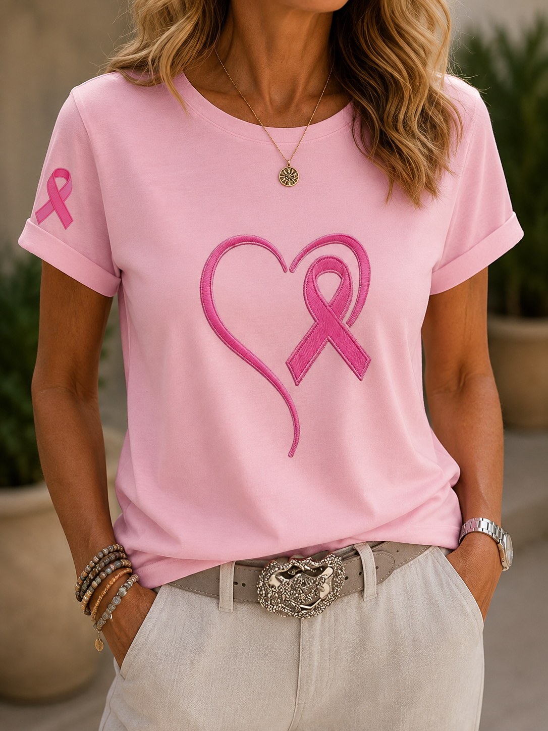 Casual Pink Heart Awareness Top