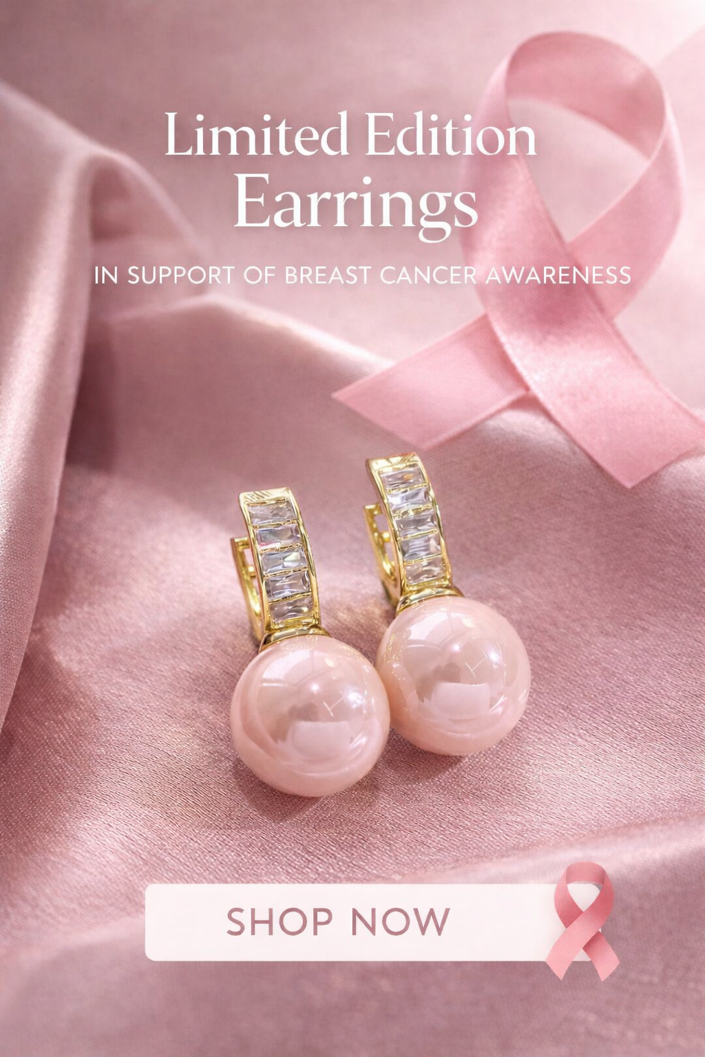 Breast Cancer Awareness White Pearl Earrings | 1+1 Free Today
