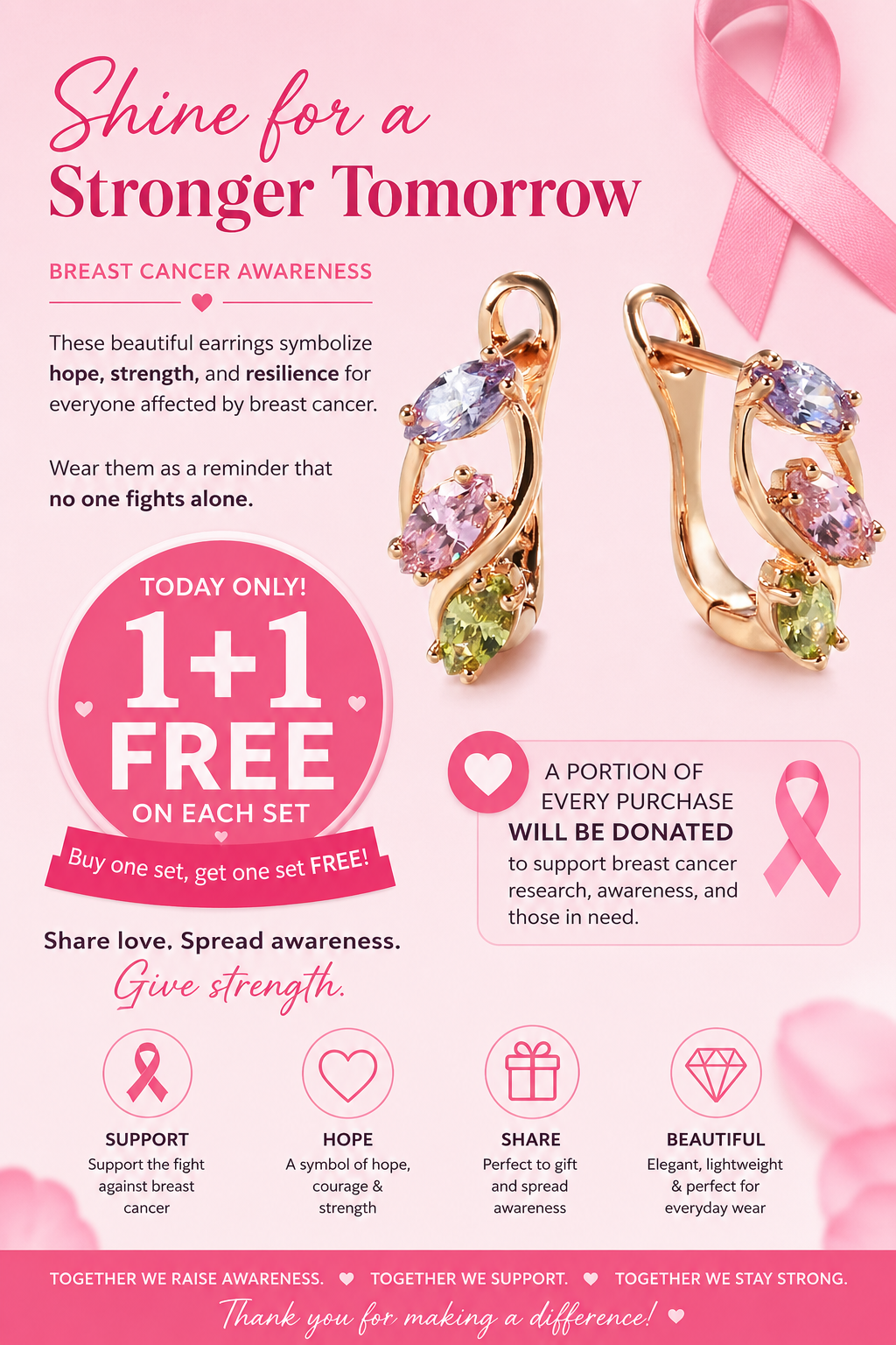 Breast Cancer Awareness | Elegant Colorful Zircon Hoop Earrings | 1+1 Free