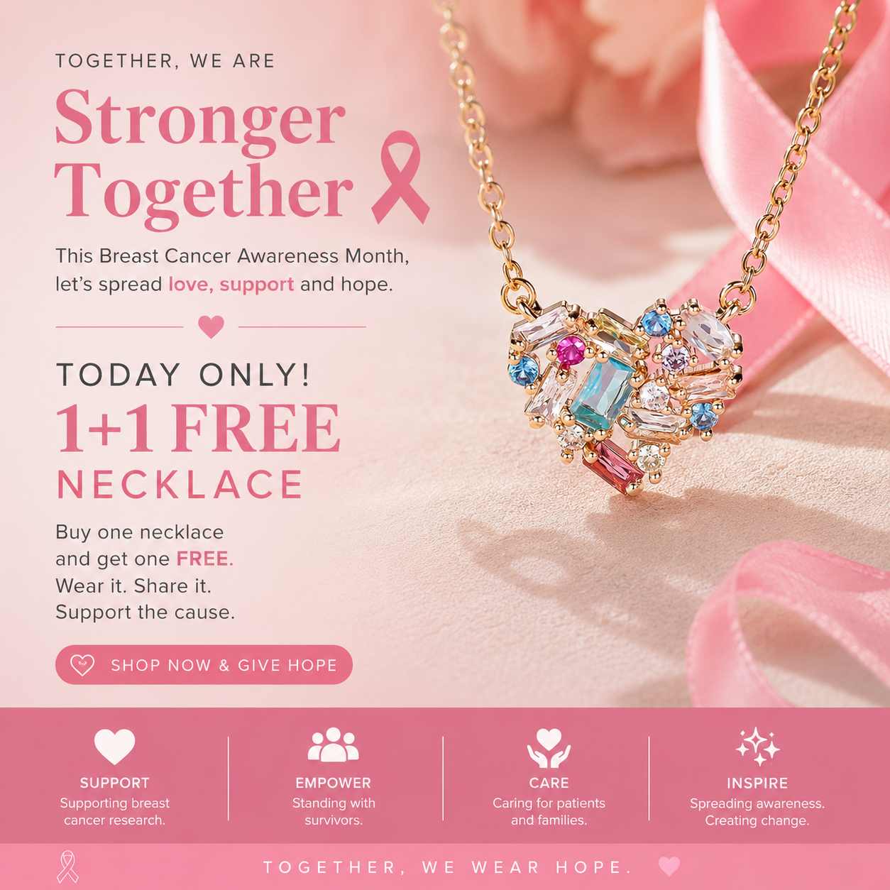 Breast Cancer Awareness Multicolour Heart Necklace | 1+1 Free Today