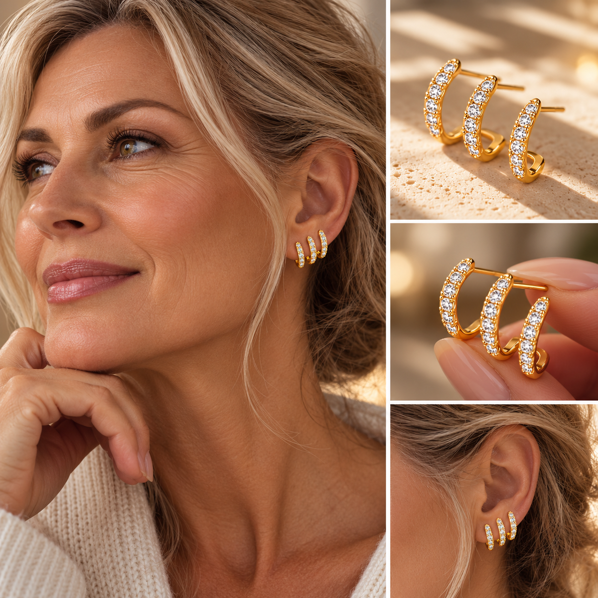 Elegant Silver Sparkling Triple Hoop Earrings