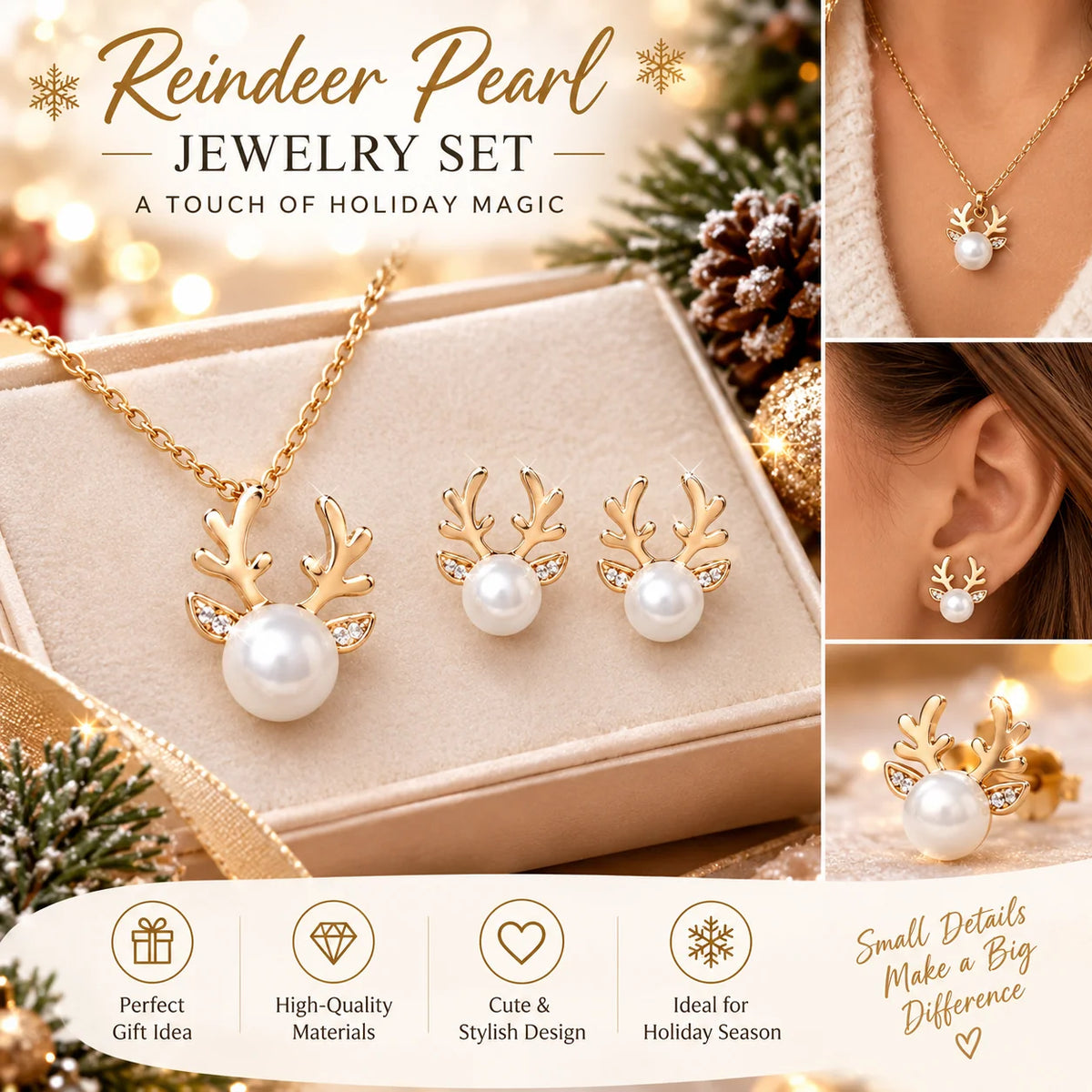 Christmas Reindeer Pearl Jewelry Set – Elegant Necklace & Earrings