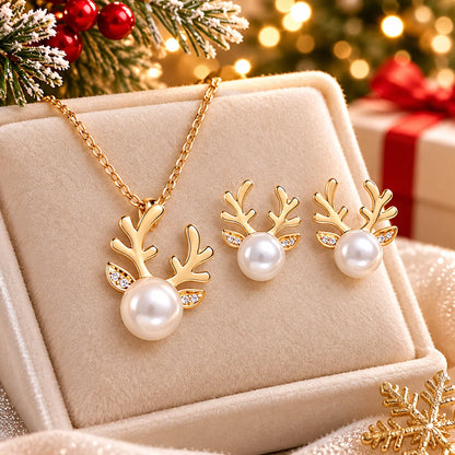 Christmas Reindeer Pearl Jewelry Set – Elegant Necklace & Earrings