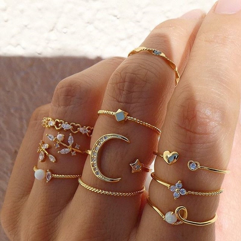 Set of 10 Bohemian Silver and Gold Plated Rings