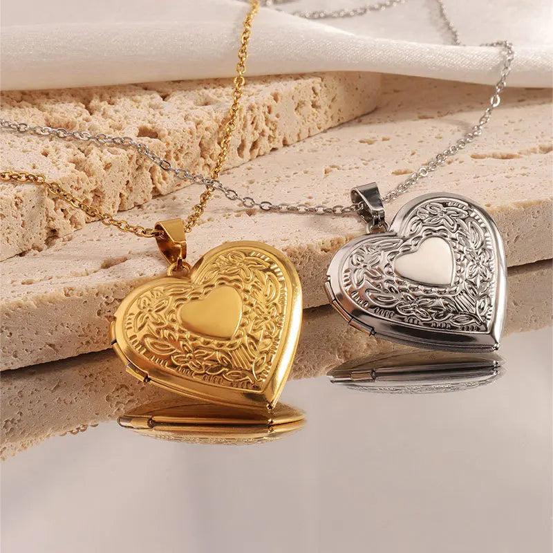 Elegant Gold Heart Embossed Photo Locket