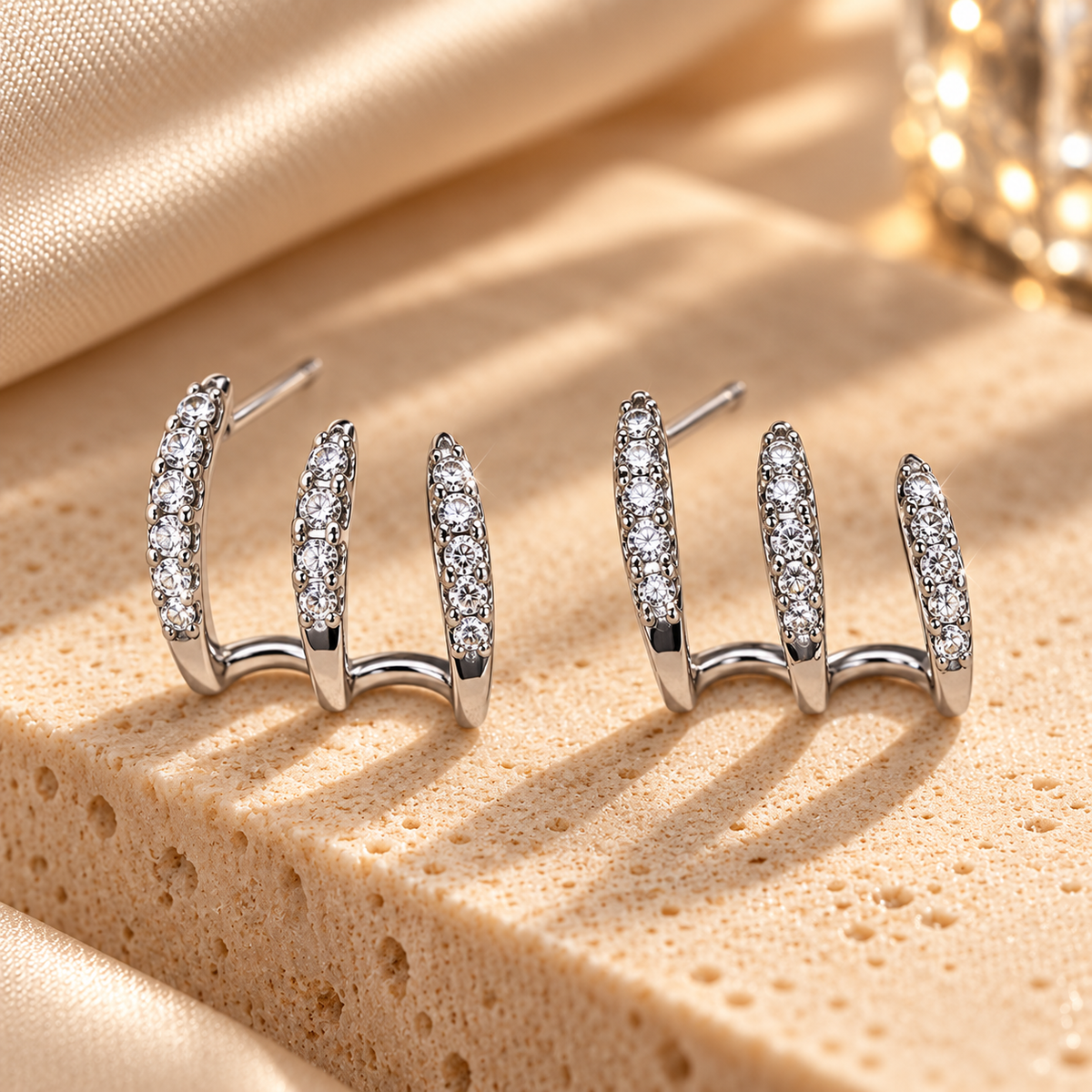 Elegant Silver Sparkling Triple Hoop Earrings