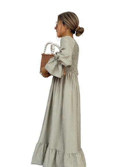 Green Check Round Neck Maxi Dress