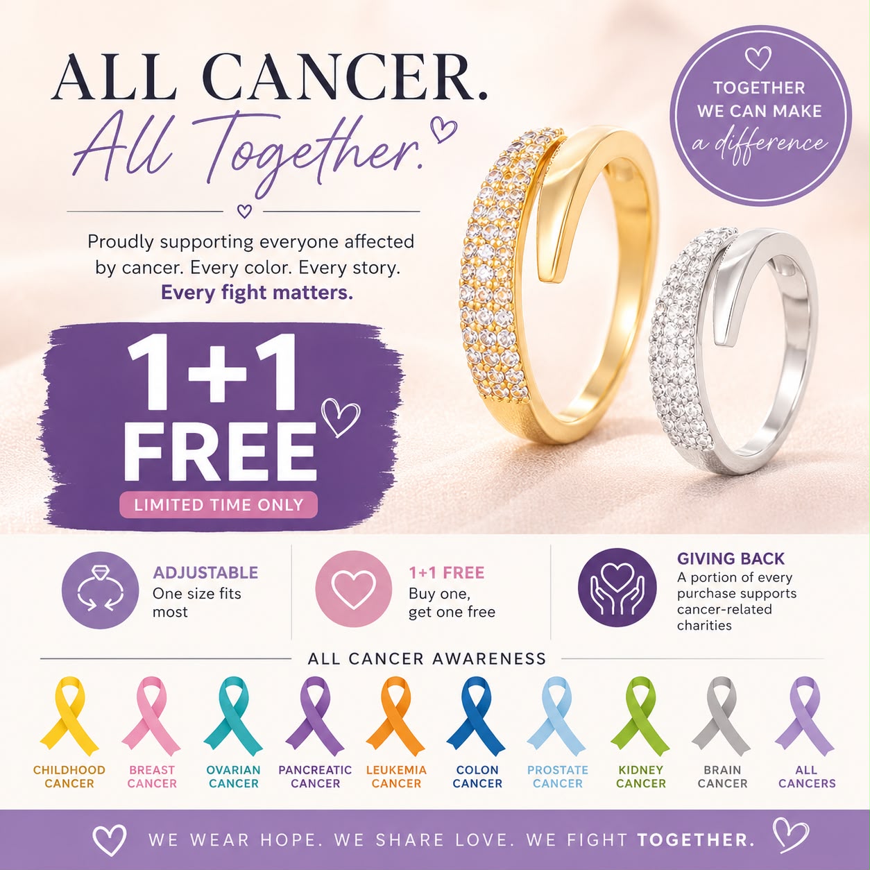 All Cancer Support Ring | Together Stronger | Get 1+1 Free Today