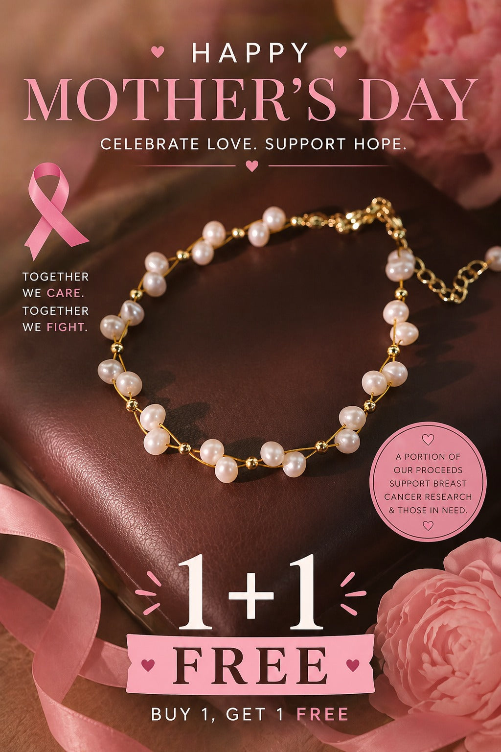 Breast Cancer Awareness | Pearl Bracelet | 1+1 Free Today