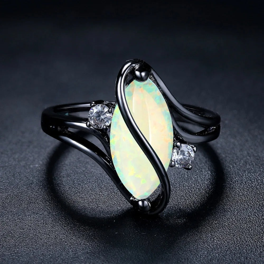 Retro Black Silver Opal Ring with Crystal Accents
