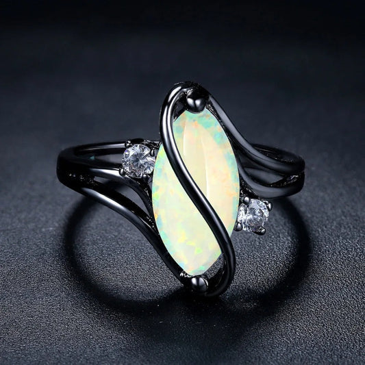 Retro Black Silver Opal Ring with Crystal Accents